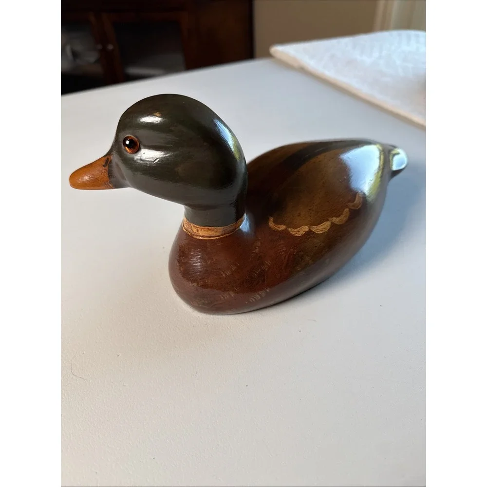 Vintage Hand Carved Painted Mallard Duck Decoy Wood Glass Eyes Folk Art Decor